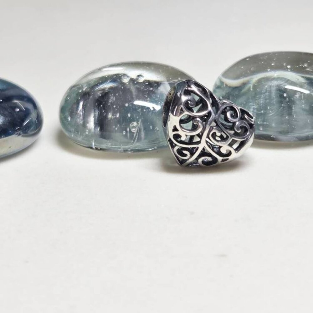 925 Sterling Silver Filigree Heart Charm Open Work Bead Fit Pandora And Troll